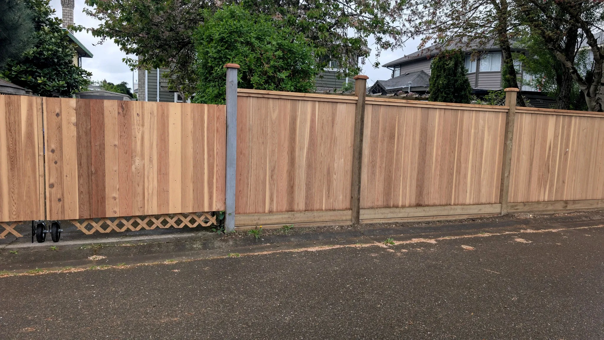 Cedar privacy fence with lattice top in a Surrey backyard